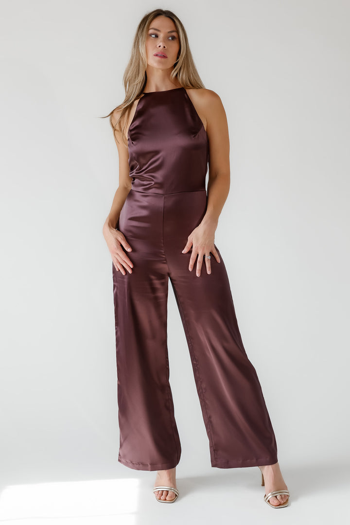 Arlah Chocolate Satin Halter Jumpsuit - Final Sale