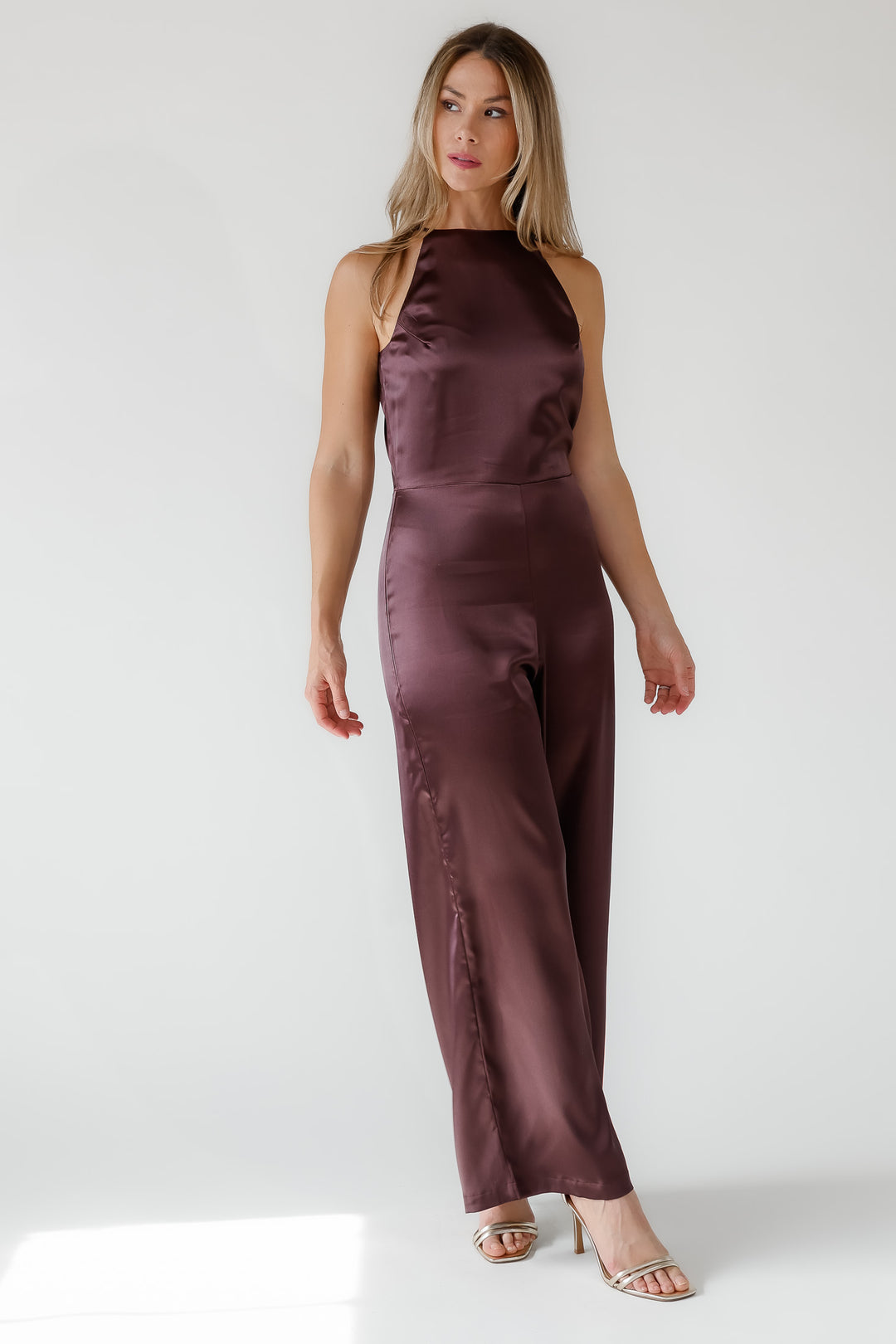 Arlah Chocolate Satin Halter Jumpsuit - Final Sale