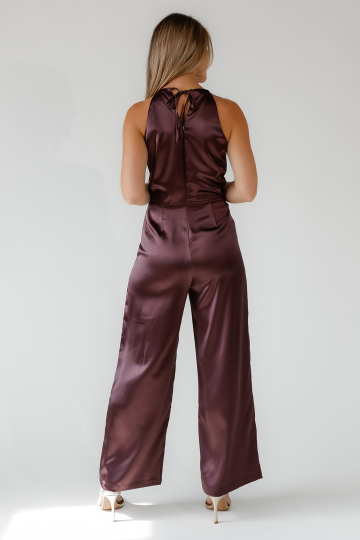 Arlah Chocolate Satin Halter Jumpsuit - Final Sale