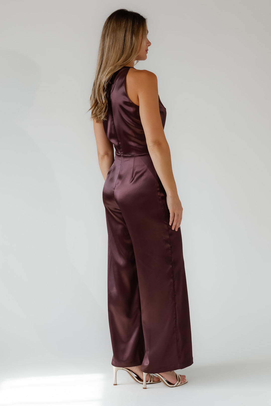 Arlah Chocolate Satin Halter Jumpsuit - Final Sale