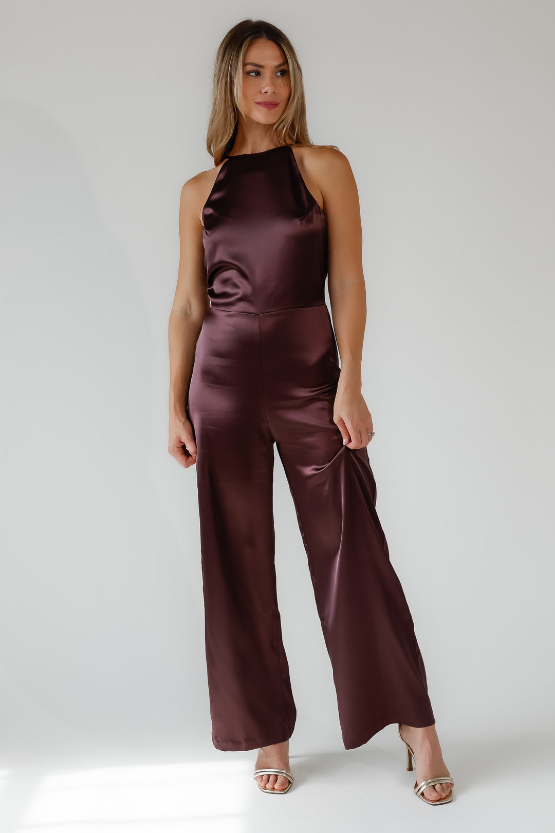 Arlah Chocolate Satin Halter Jumpsuit - Final Sale