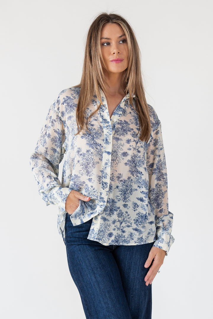 Blue Floral Sheer Button Up Top