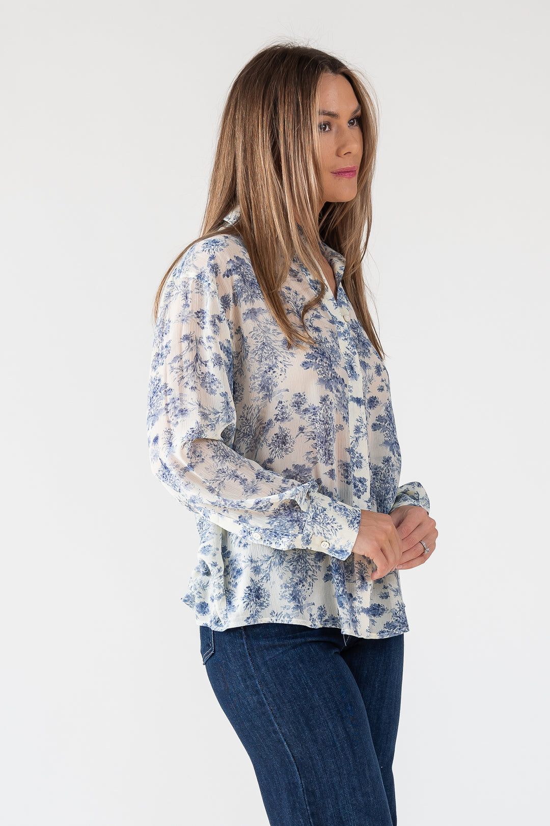 Blue Floral Sheer Button Up Top