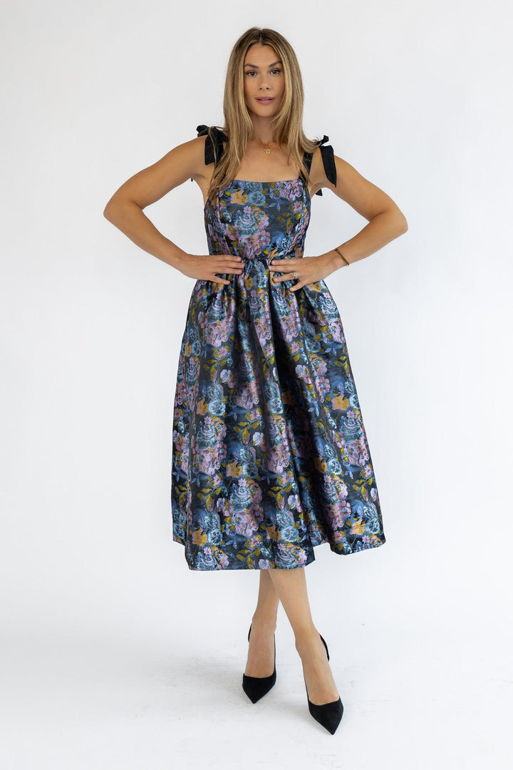 Breanna Navy Floral Jacquard Midi Dress