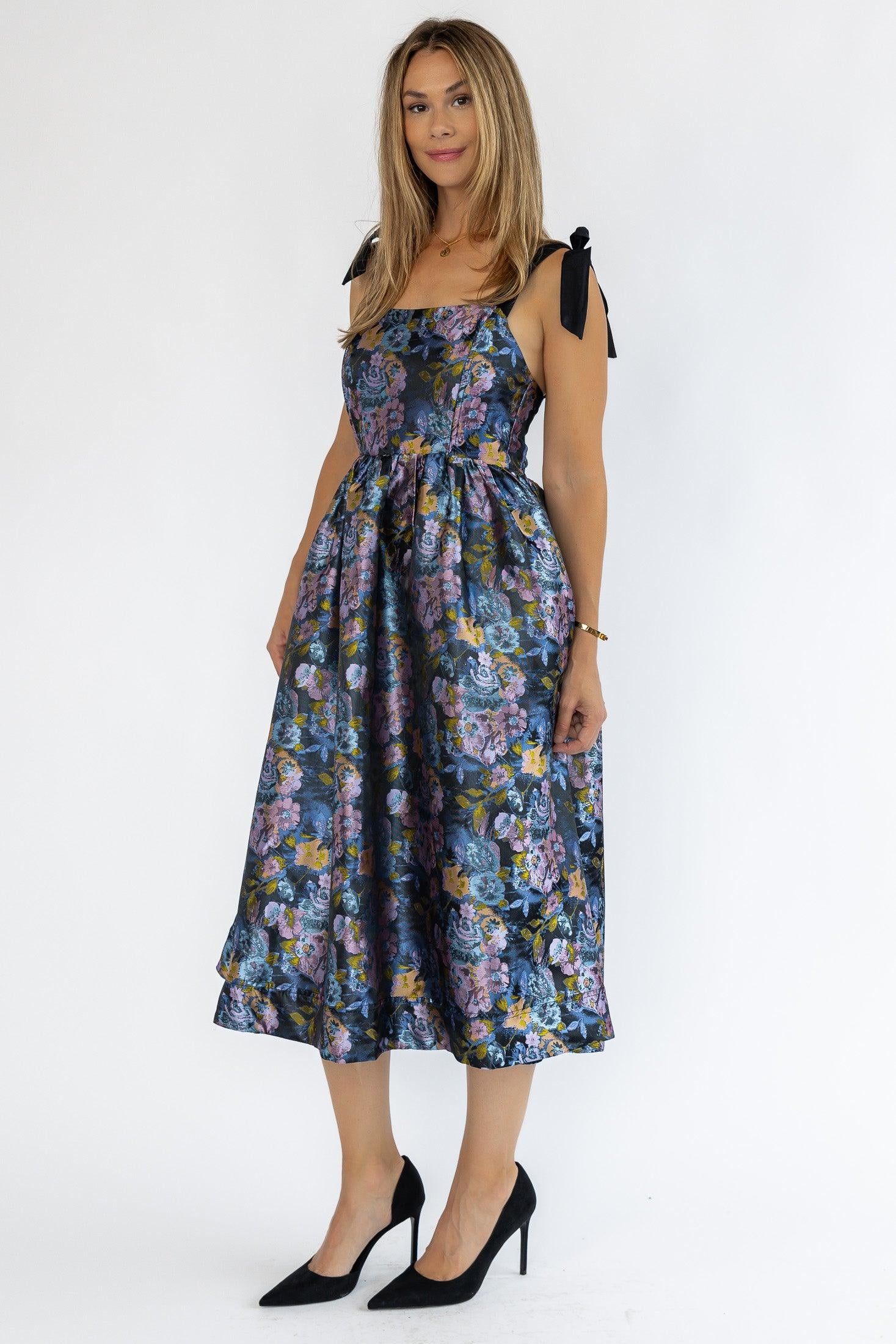 Breanna Navy Floral Jacquard Midi Dress