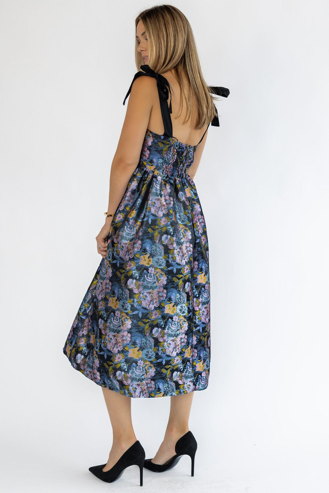 Breanna Navy Floral Jacquard Midi Dress