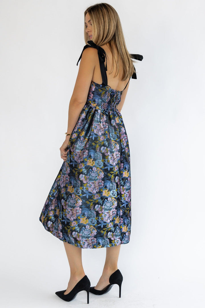 Breanna Navy Floral Jacquard Midi Dress