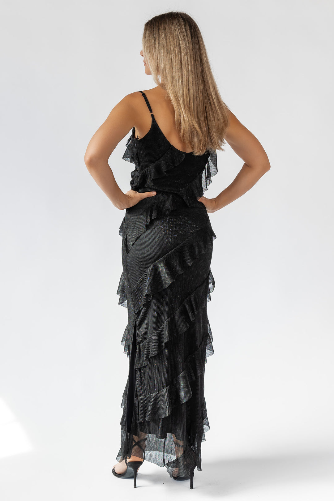 Caelyn Black Metallic Ruffle Maxi Dress - Final Sale