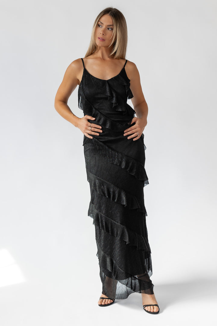 Caelyn Black Metallic Ruffle Maxi Dress - Final Sale