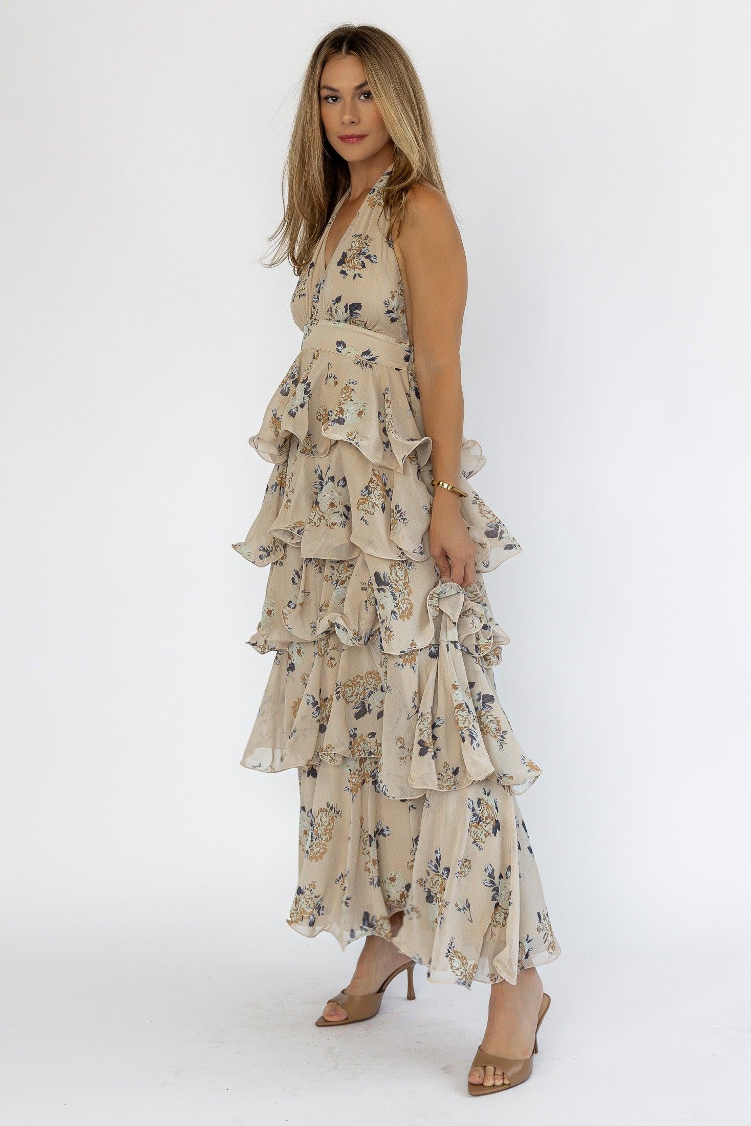 Calla Mocha Floral Tiered Maxi Dress - Final Sale