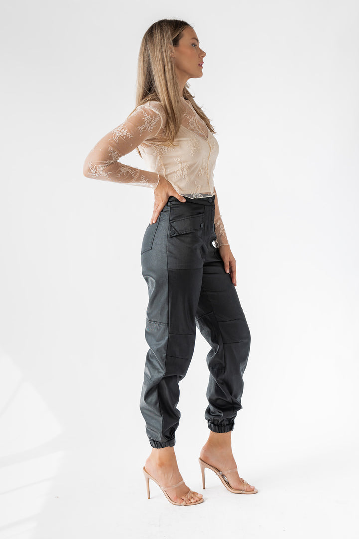 Dane Black Coated Cargo Pants