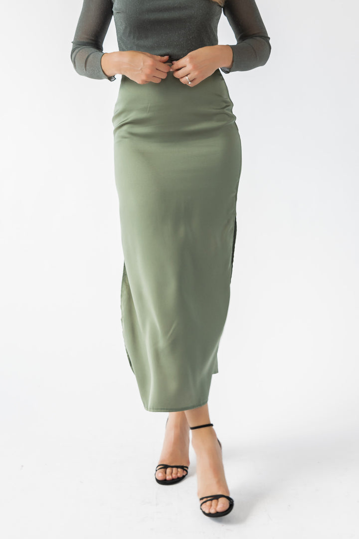 Dayton Olive Satin Maxi Skirt - Final Sale