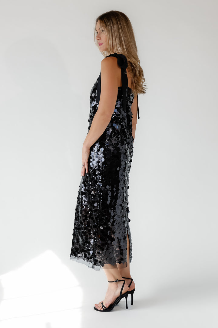 Della Black Sequin Embellish Midi Dress