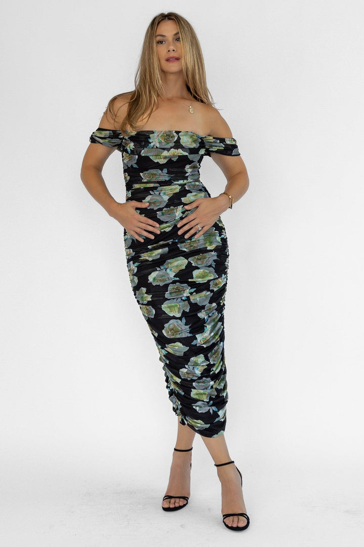 Elodie Black Floral Ruched Midi Dress - Final Sale