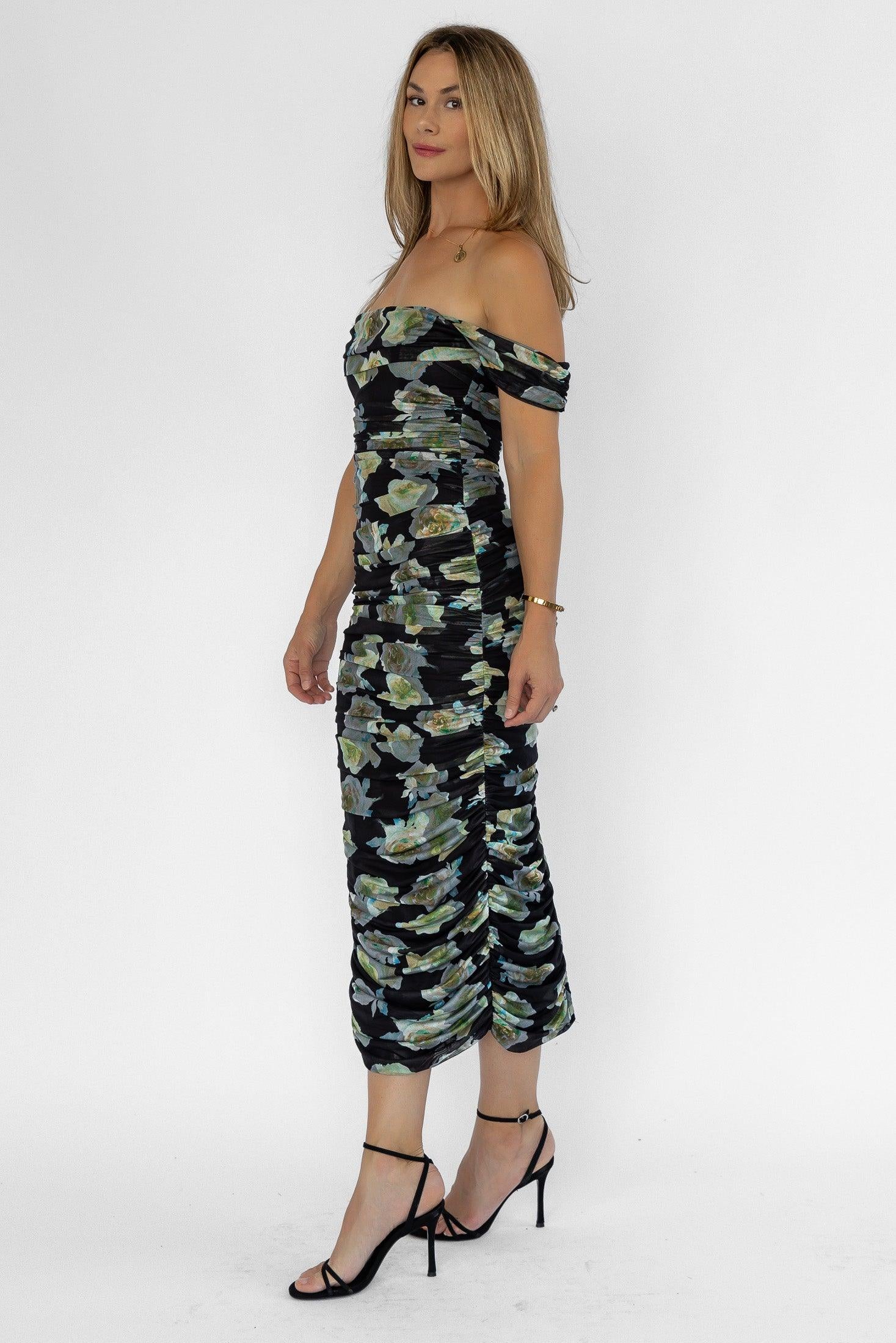 Elodie Black Floral Ruched Midi Dress