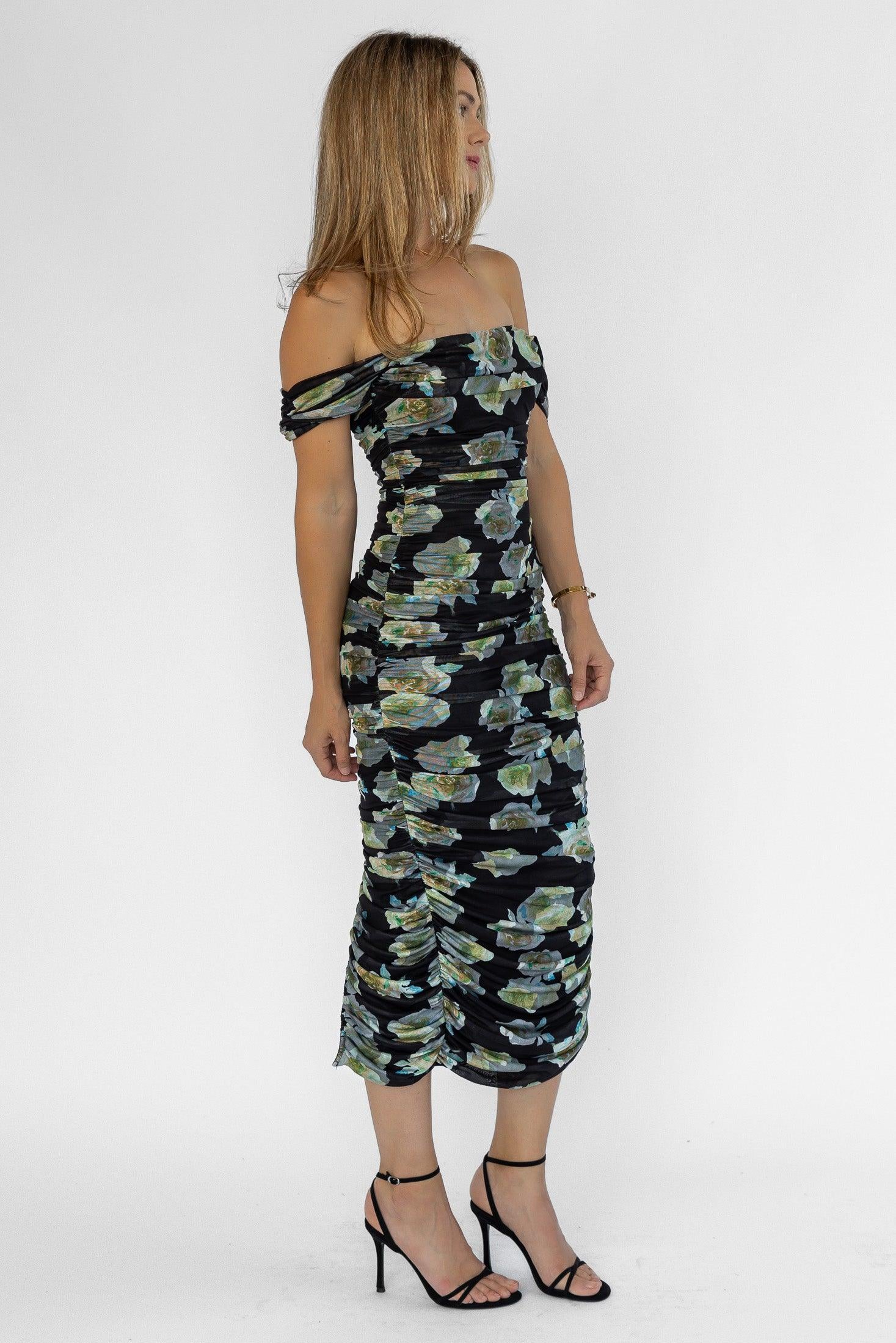 Elodie Black Floral Ruched Midi Dress