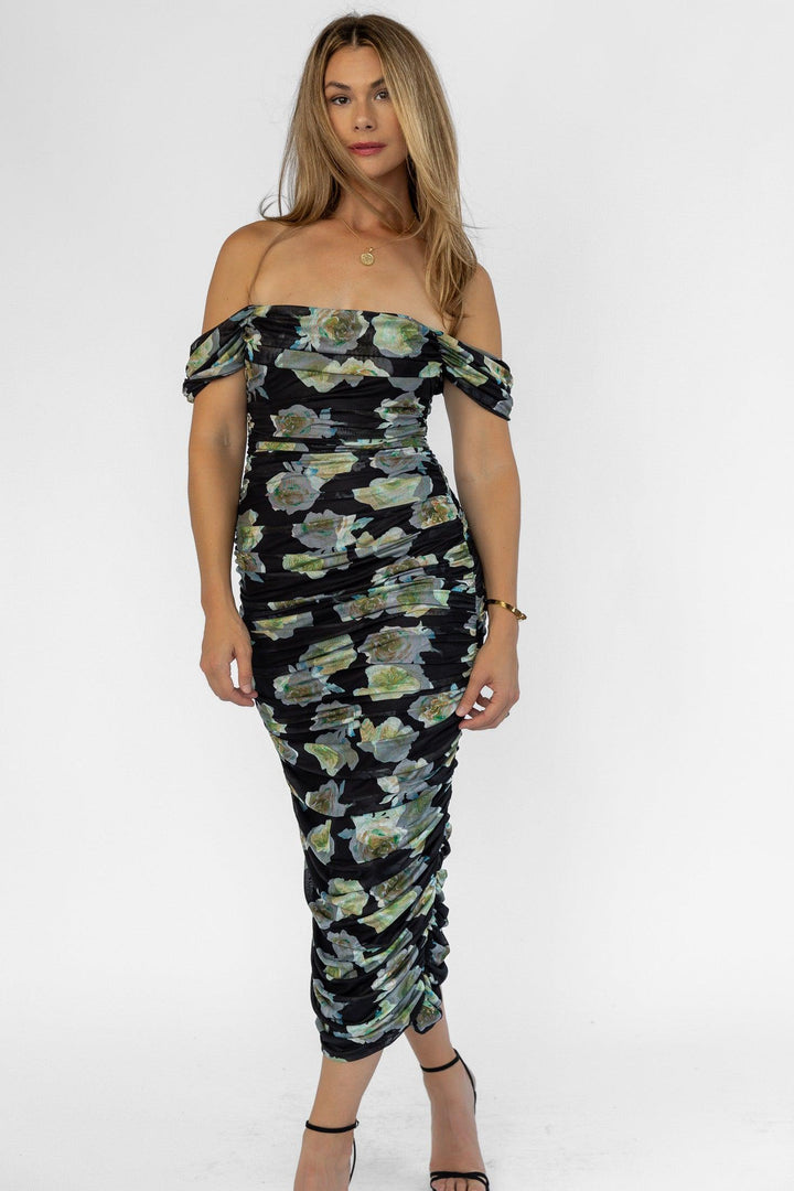 Elodie Black Floral Ruched Midi Dress - Final Sale