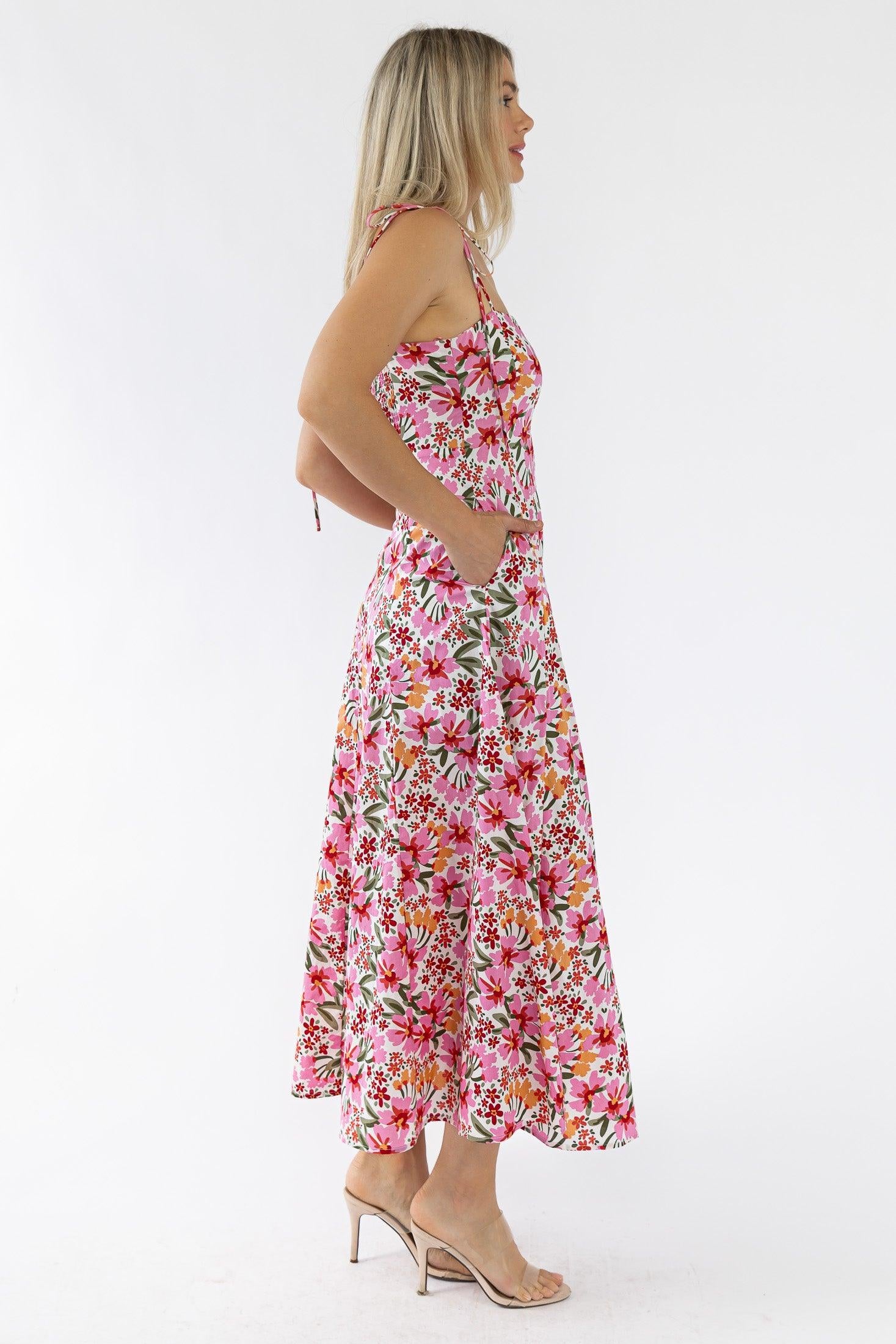 Grace Pink Floral Midi Dress - Final Sale