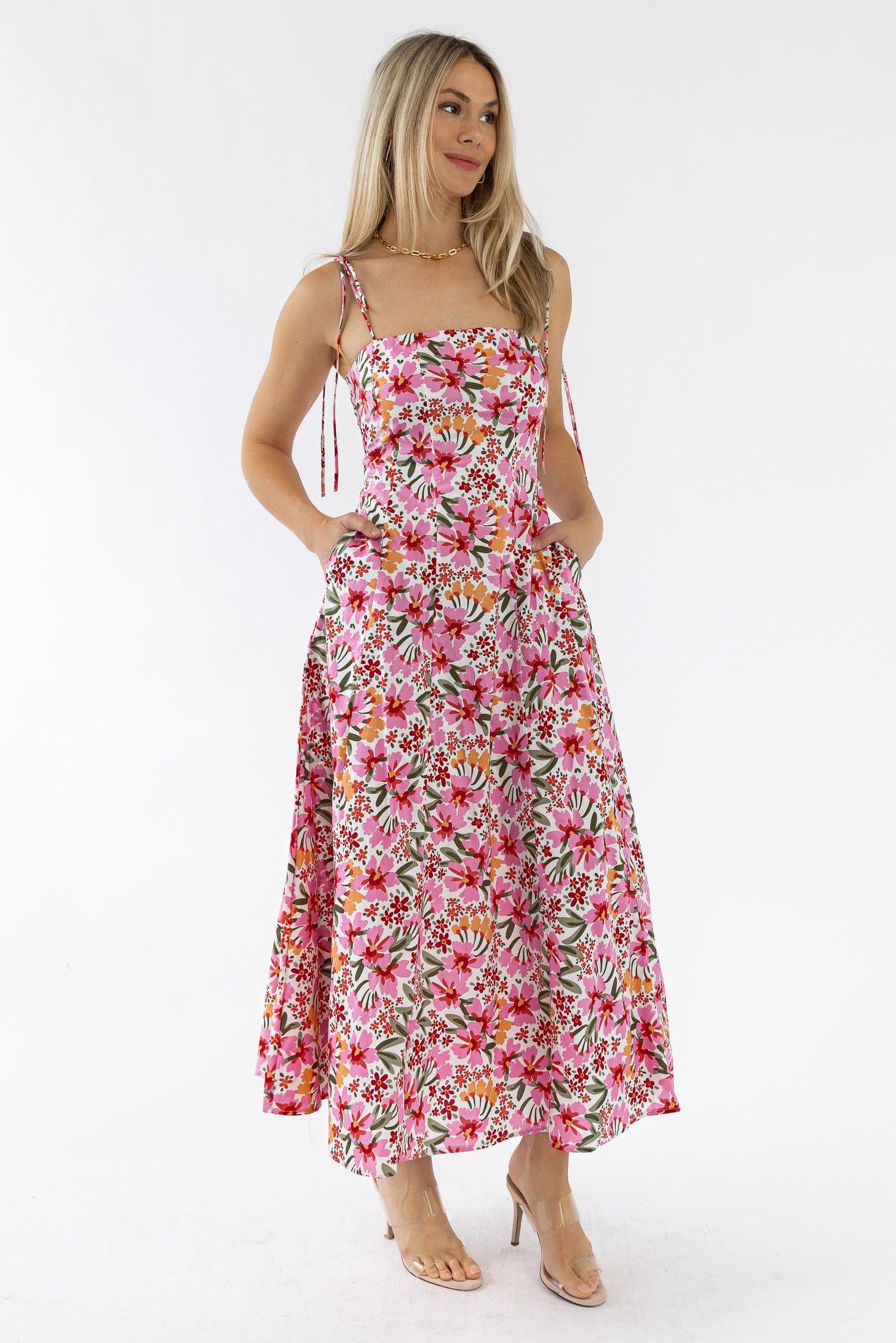 Grace Pink Floral Midi Dress - Final Sale