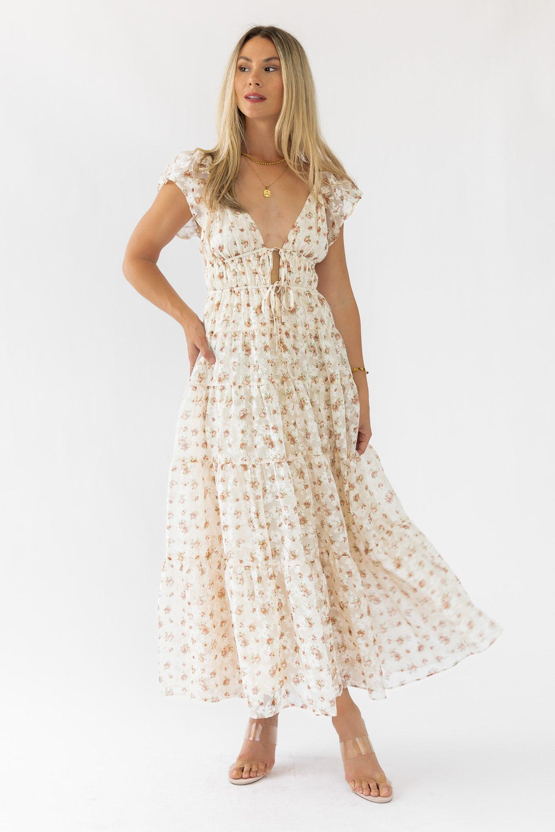 Jesslyn Cream Peach Floral Maxi Dress - Final Sale