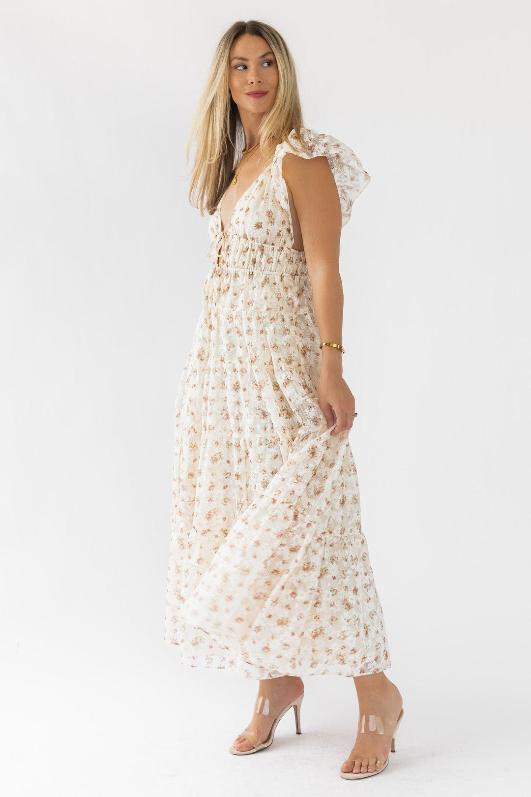 Jesslyn Cream Peach Floral Maxi Dress - Final Sale