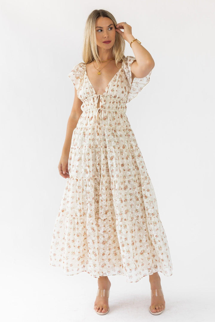 Jesslyn Cream Peach Floral Maxi Dress - Final Sale