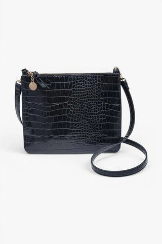 Black croc texture crossbody purse with adjustable shoulder strap and zipper closure