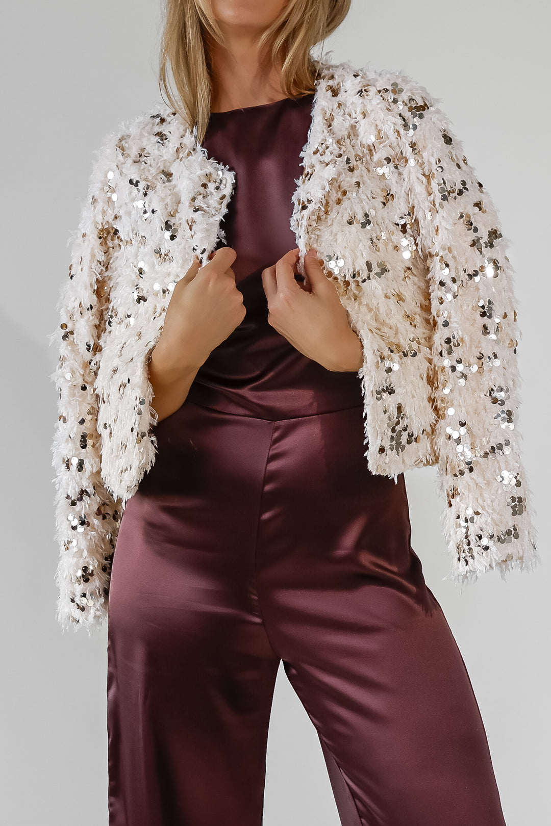 Juno Cream Feathered Sequin Jacket - Final Sale