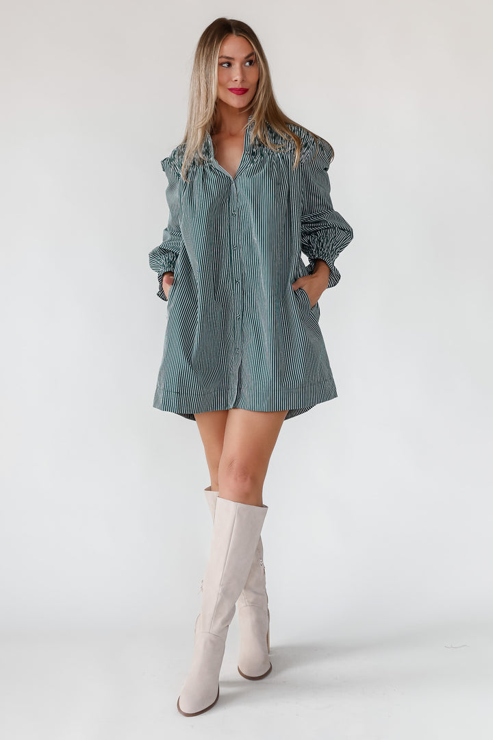 Karlee Green Smocked Stripe Shirt Dress - Final Sale