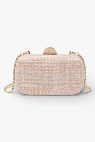 Beige woven handbag with a gold chain on a white background