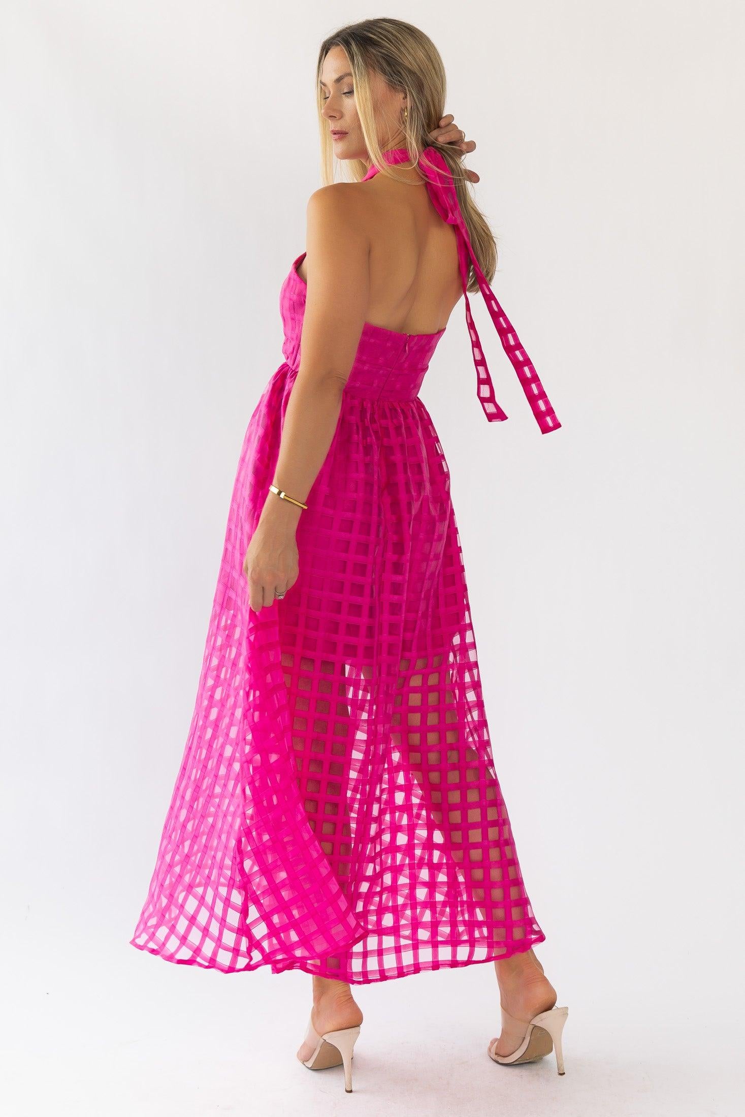 Lola Pink Checked Organza Midi Dress - Final Sale