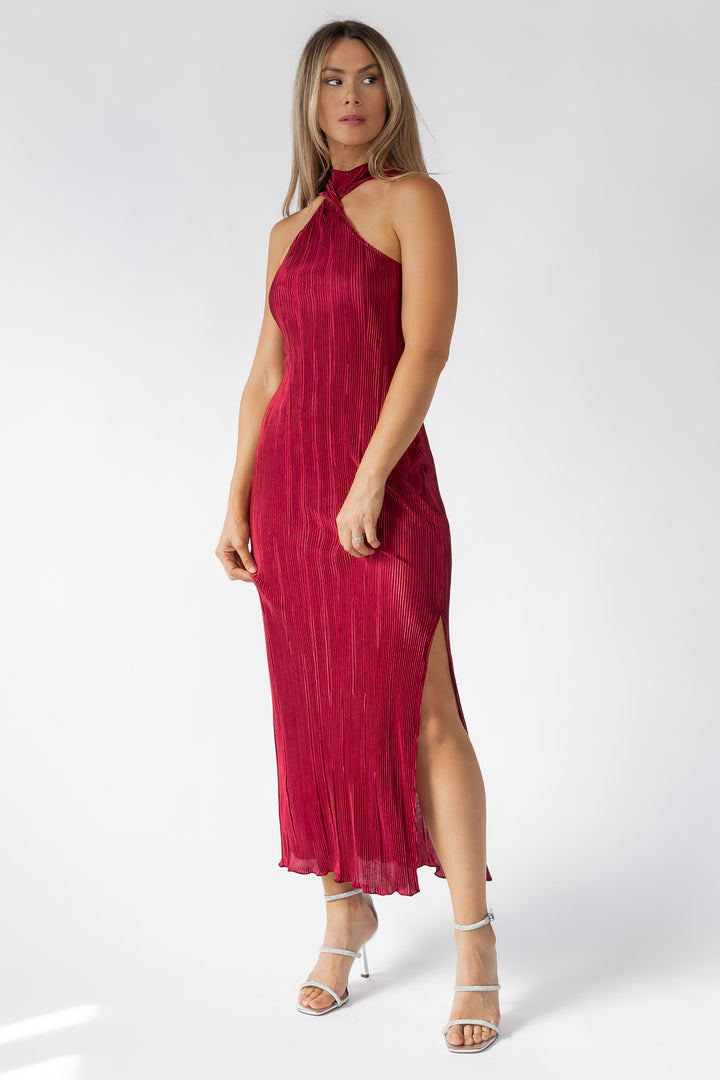 Lys Burgundy Plisse Twist Neck Dress