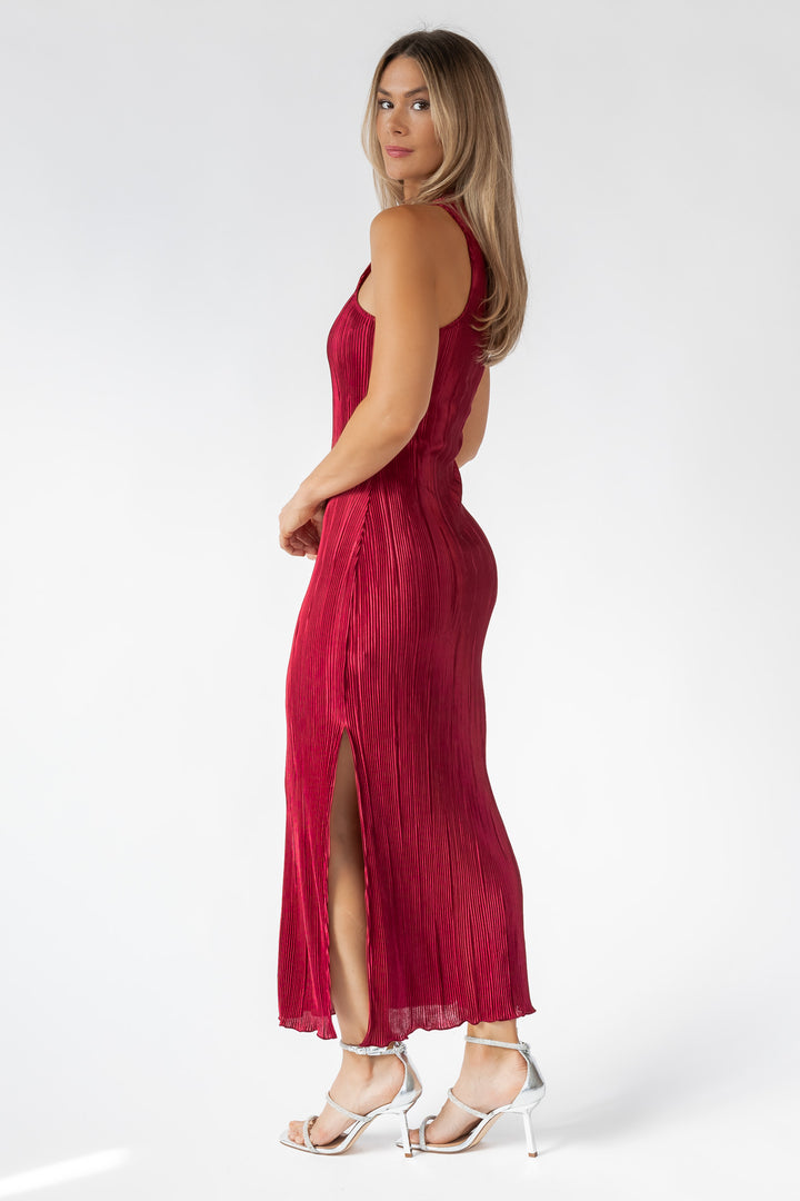 Lys Burgundy Plisse Twist Neck Dress