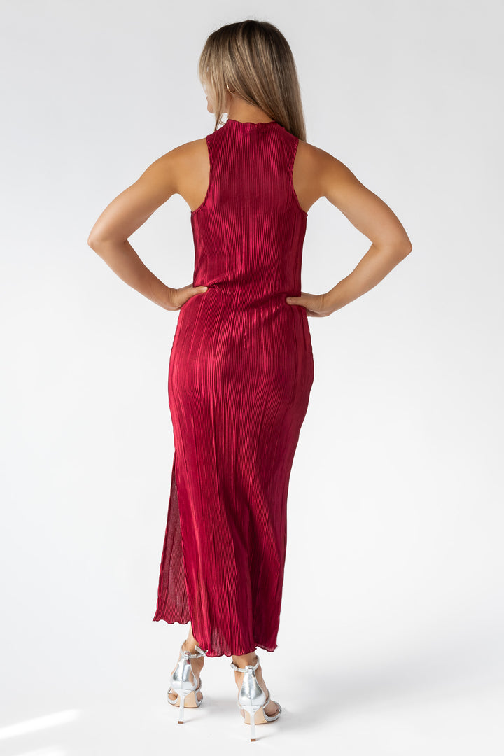 Lys Burgundy Plisse Twist Neck Dress