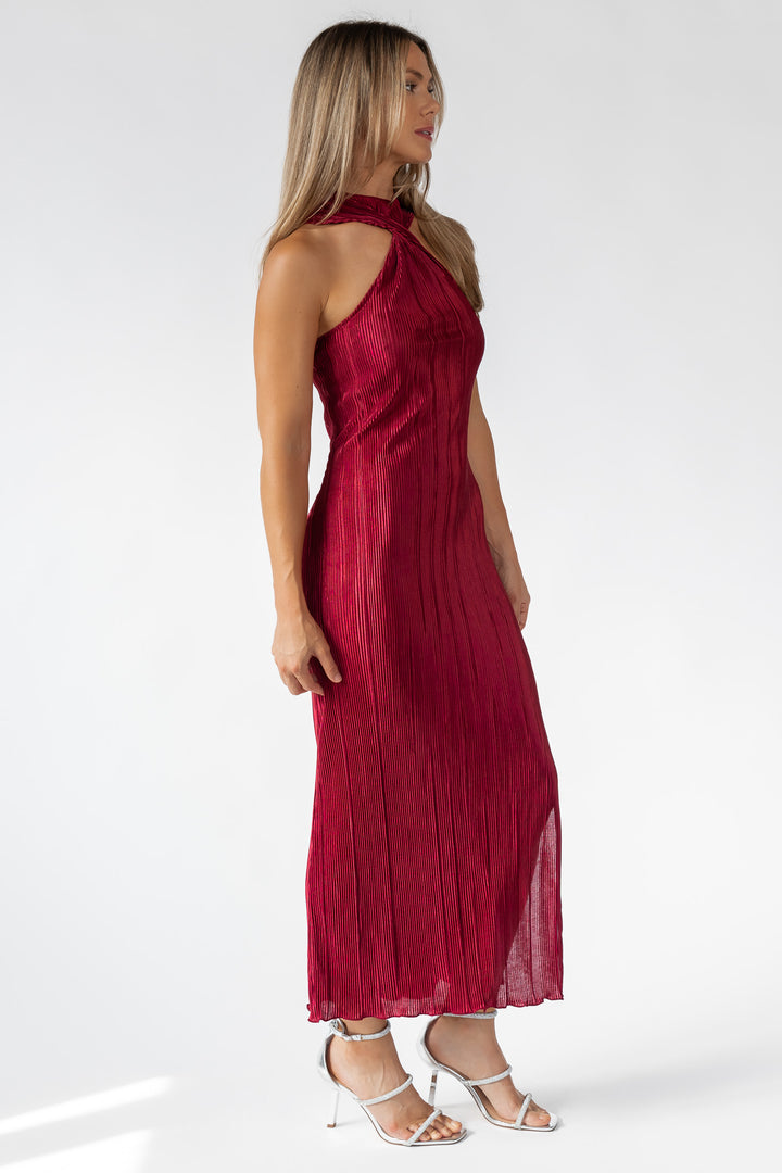 Lys Burgundy Plisse Twist Neck Dress