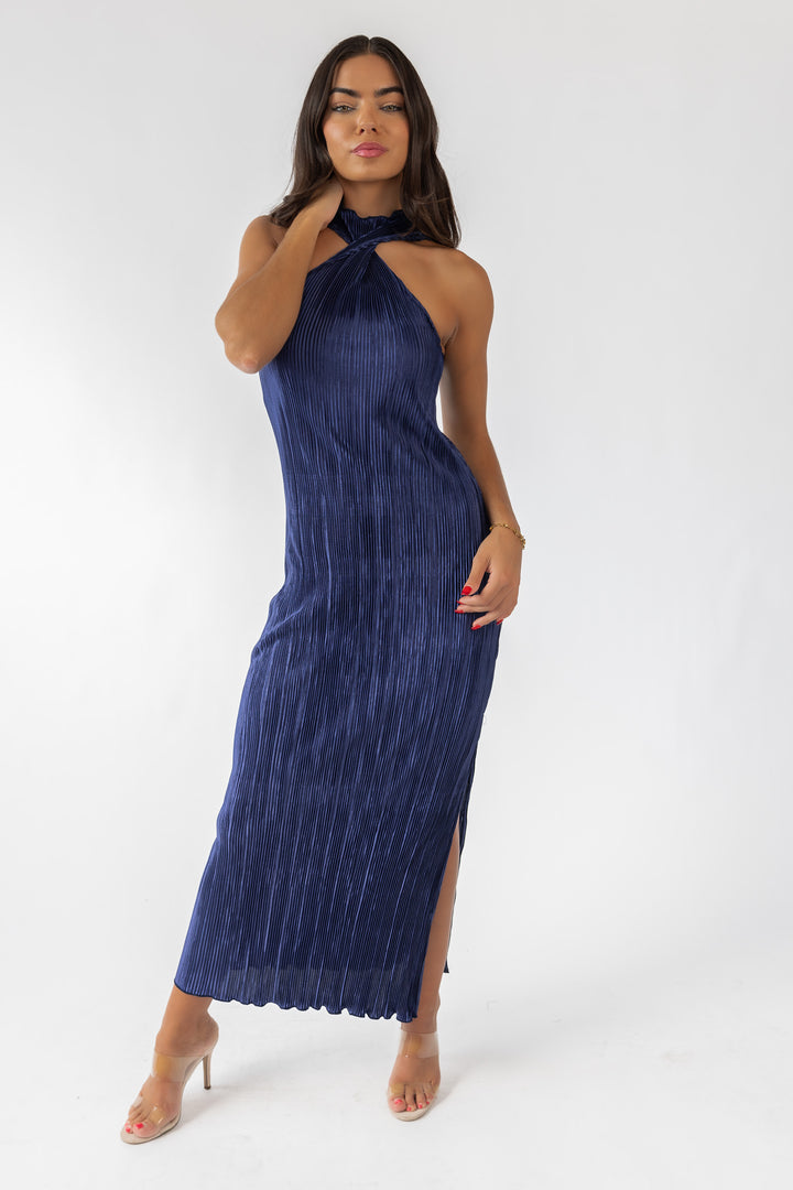 Lys Navy Plisse Twist Neck Dress