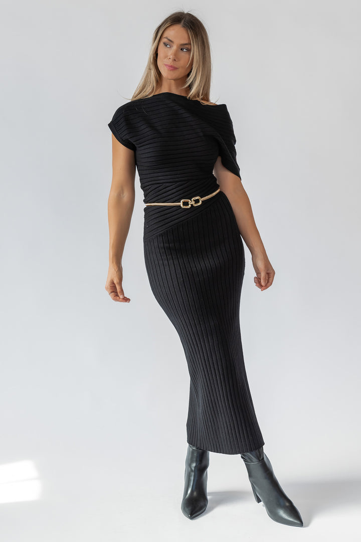 Nori Black Off Shoulder Midi Dress