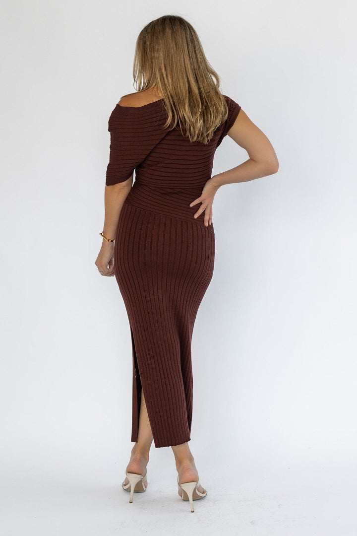 Nori Brown Off Shoulder Midi Dress