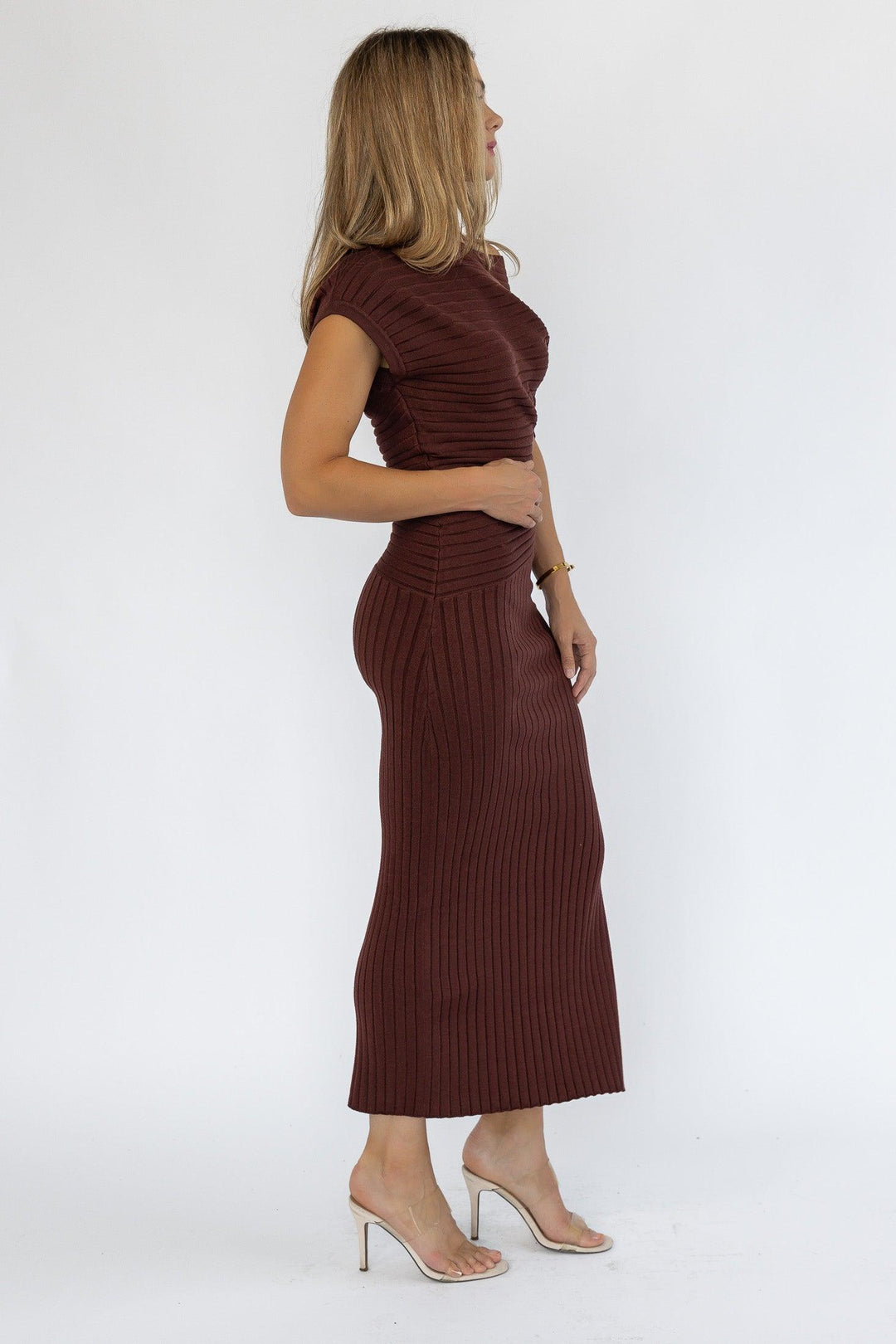 Nori Brown Off Shoulder Midi Dress