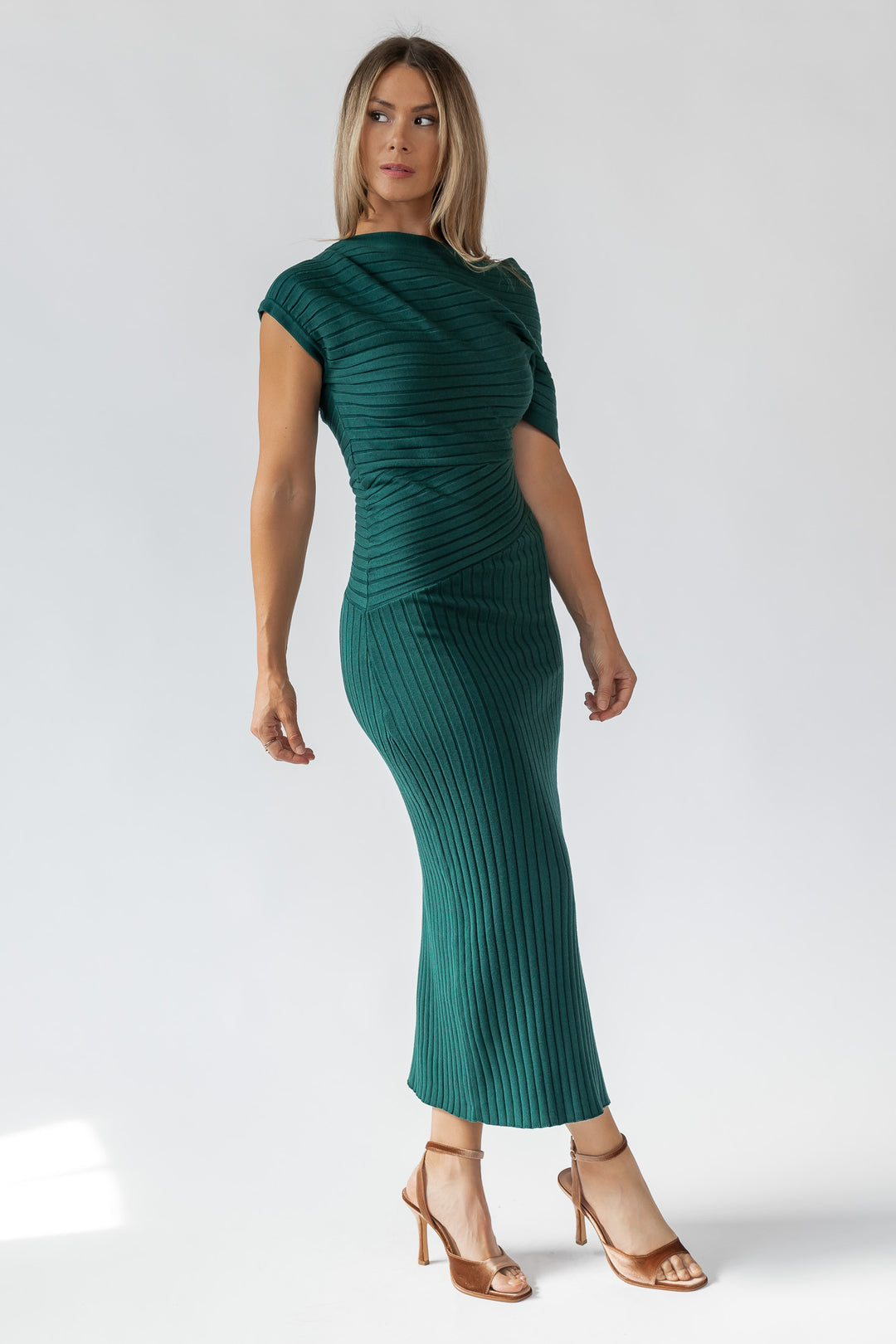 Nori Green Off Shoulder Midi Dress