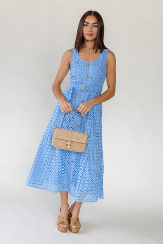 Women's Positano French blue cotton eyelet midi dress with gold buckle belt, scoop neckline and sleeveless silhouette