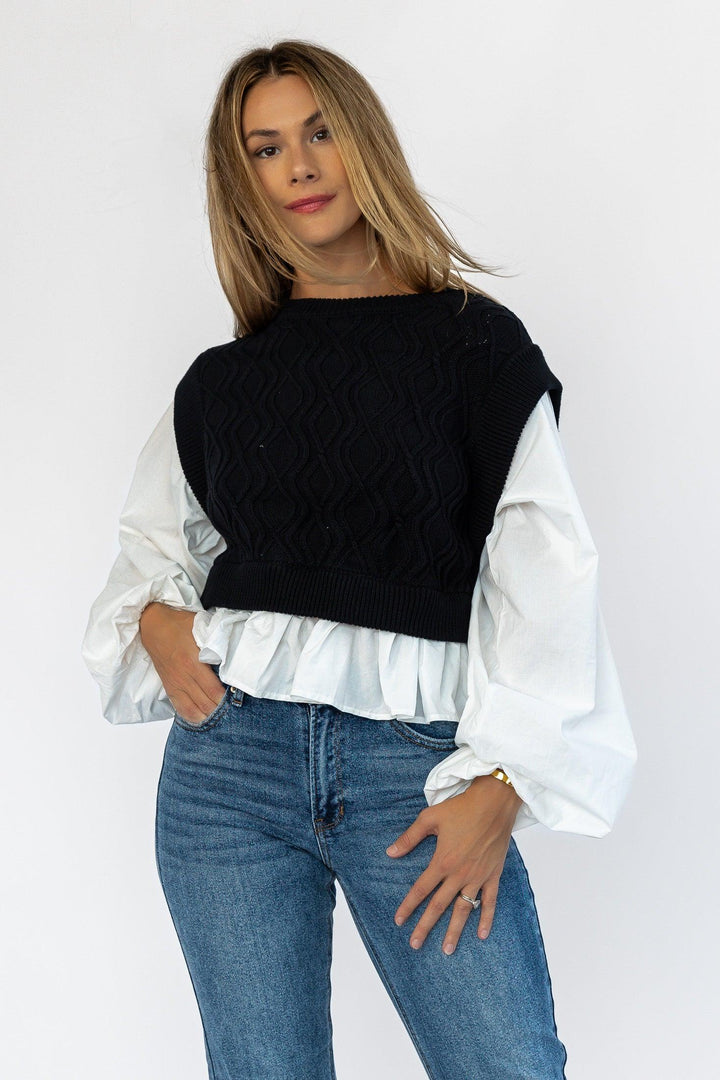 Reeve Black Sweater Poplin Top - Final Sale