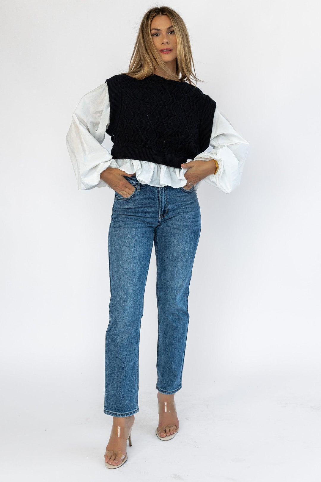 Reeve Black Sweater Poplin Top - Final Sale