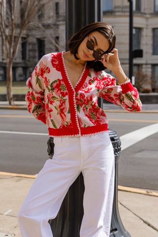 Rosette Sweater Cardi - Red Floral