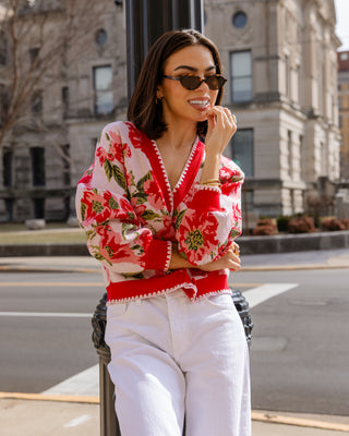 Rosette Sweater Cardi - Red Floral