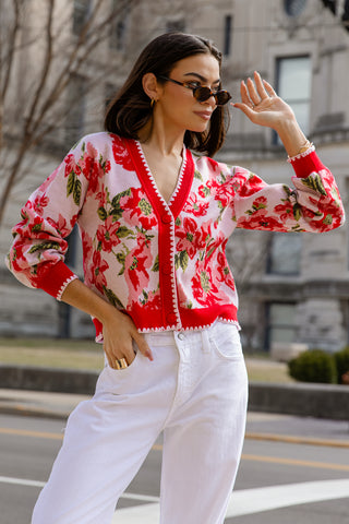 Rosette Sweater Cardi - Red Floral