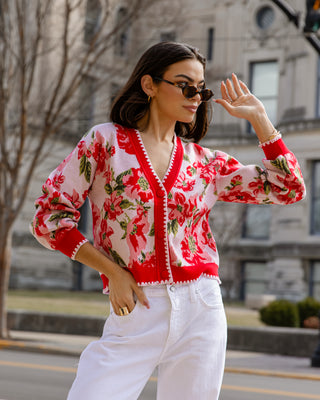 Rosette Sweater Cardi - Red Floral