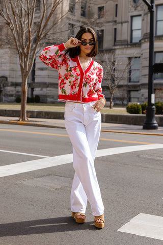 Rosette Sweater Cardi - Red Floral