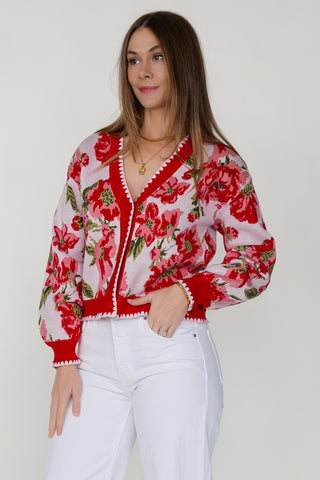 Rosette Sweater Cardi - Red Floral