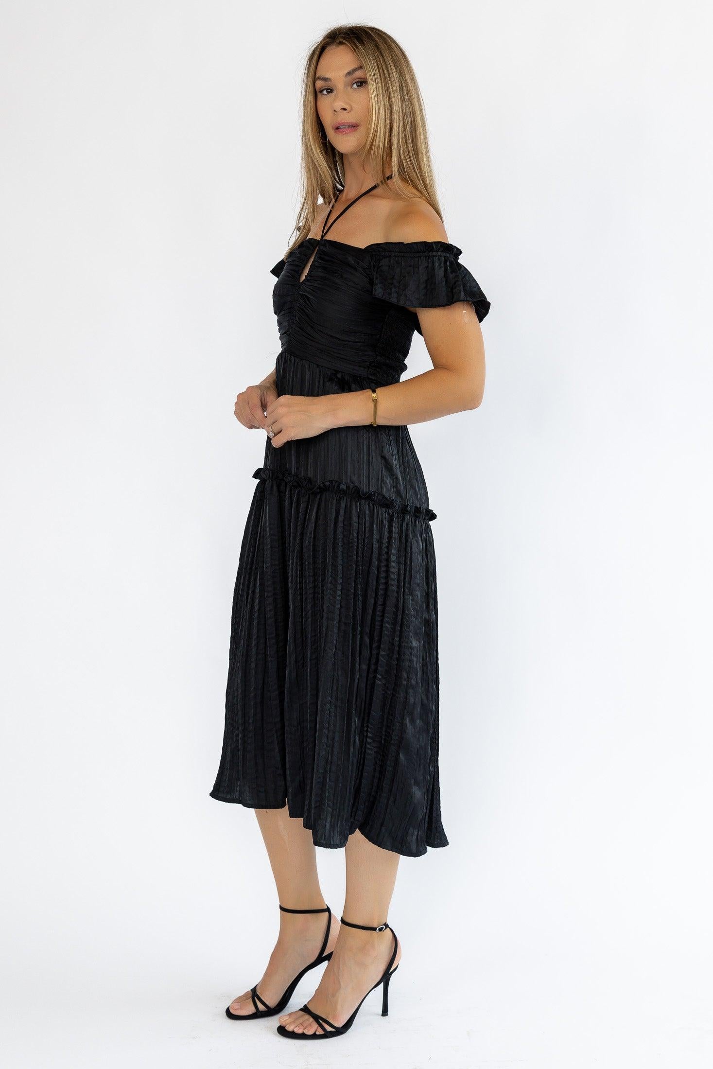 Ruche Me Right Black Midi Dress